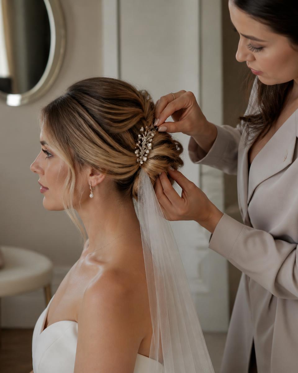Stylist creating an elegant bridal updo at Roza Glam in Irvine