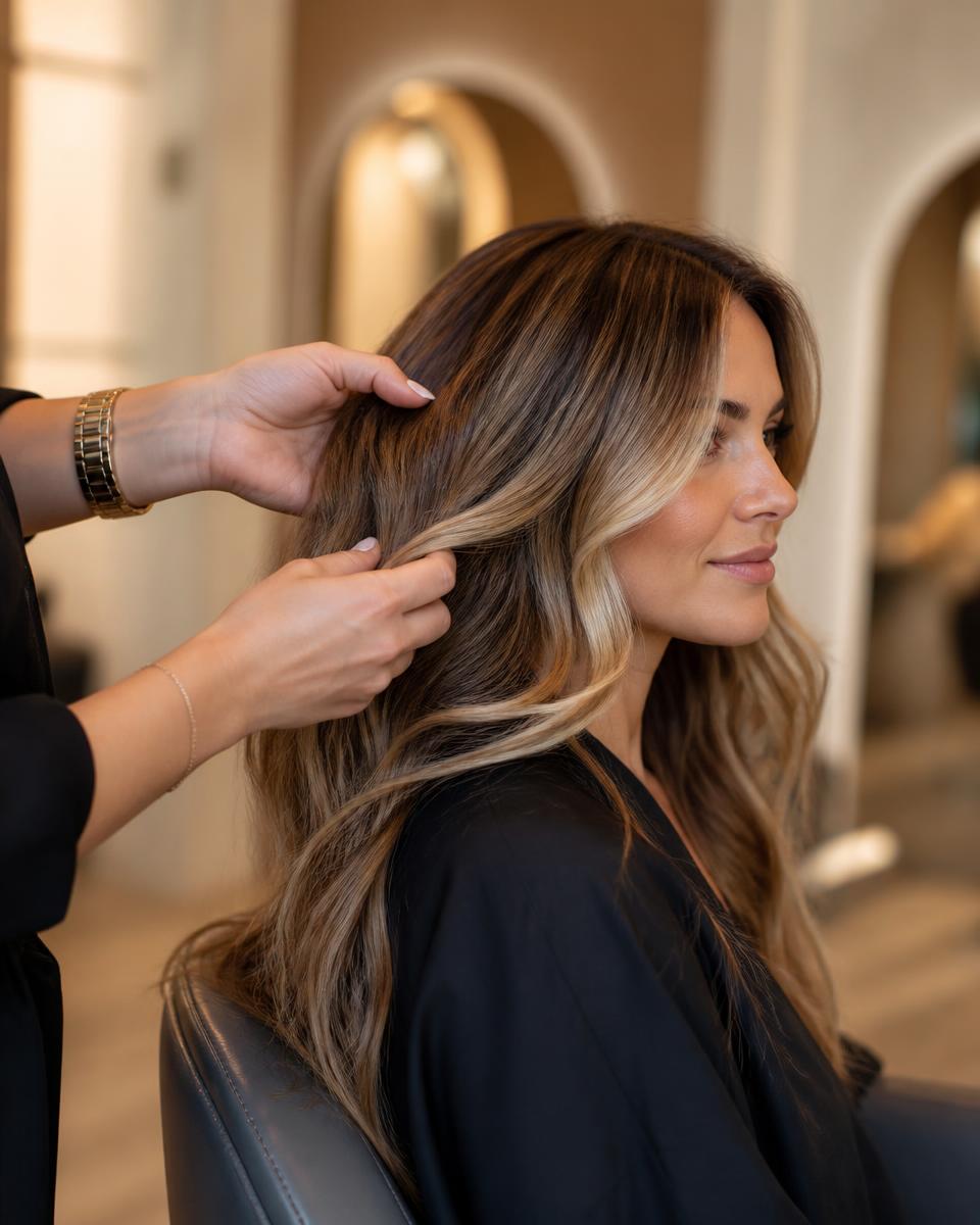 Hairstylist creating dimensional hair color and soft waves at Roza Glam in Irvine