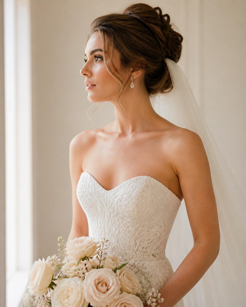 Bride with elegant updo and refined bridal makeup at Roza Glam in Irvine